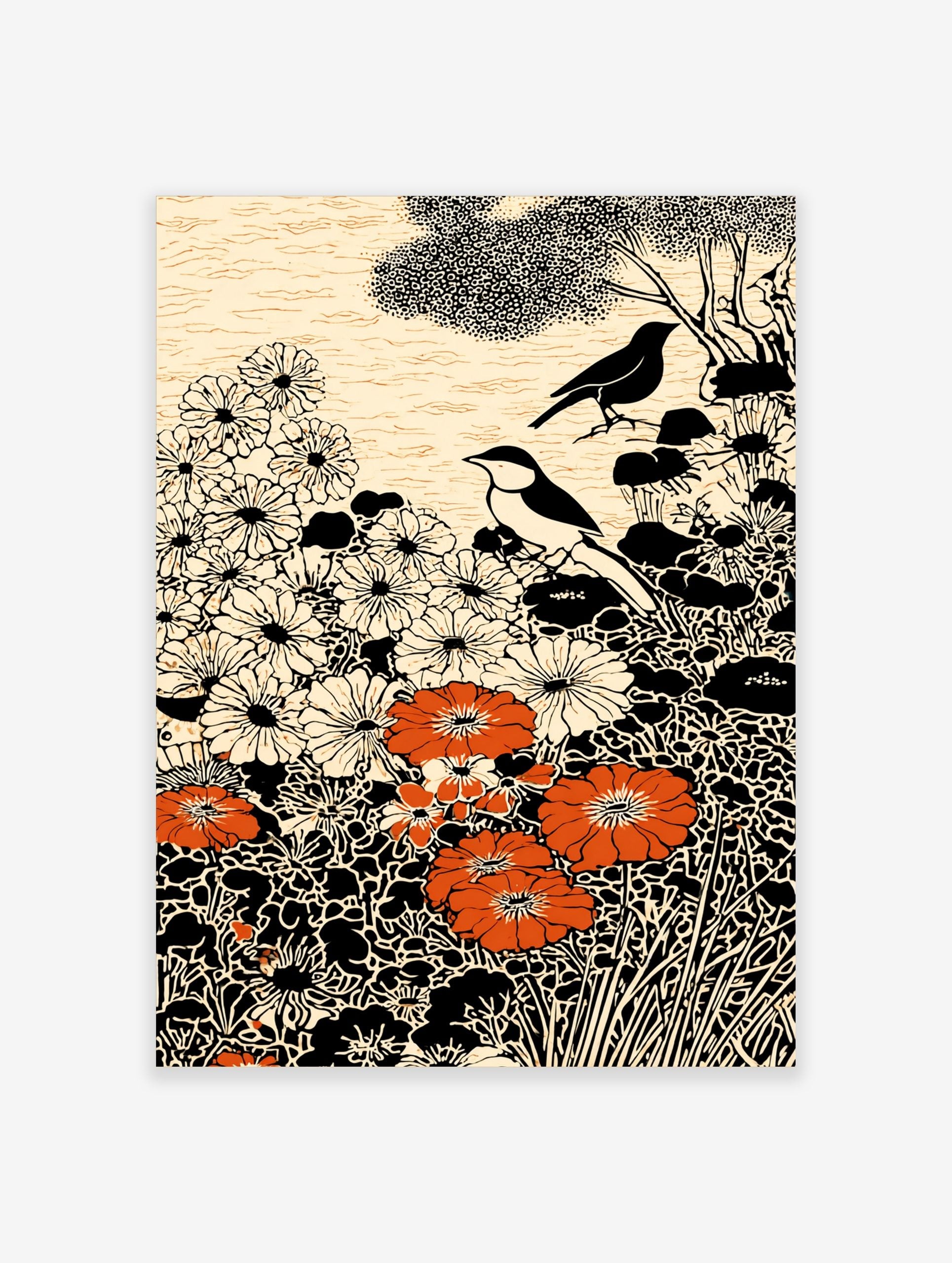 Illustrative art print with two birds, white and orange flowers, black foliage, and cream background