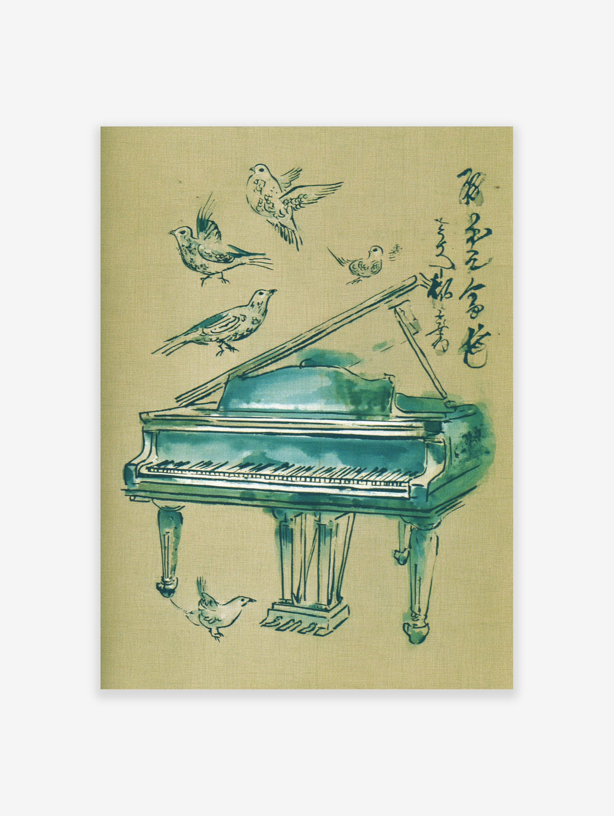 Watercolour art print of a grand piano with five birds and Japanese calligraphy in blue-green and beige