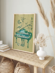 Watercolour art print of a grand piano with five birds and Japanese calligraphy in blue-green, in an alternate framed mockup