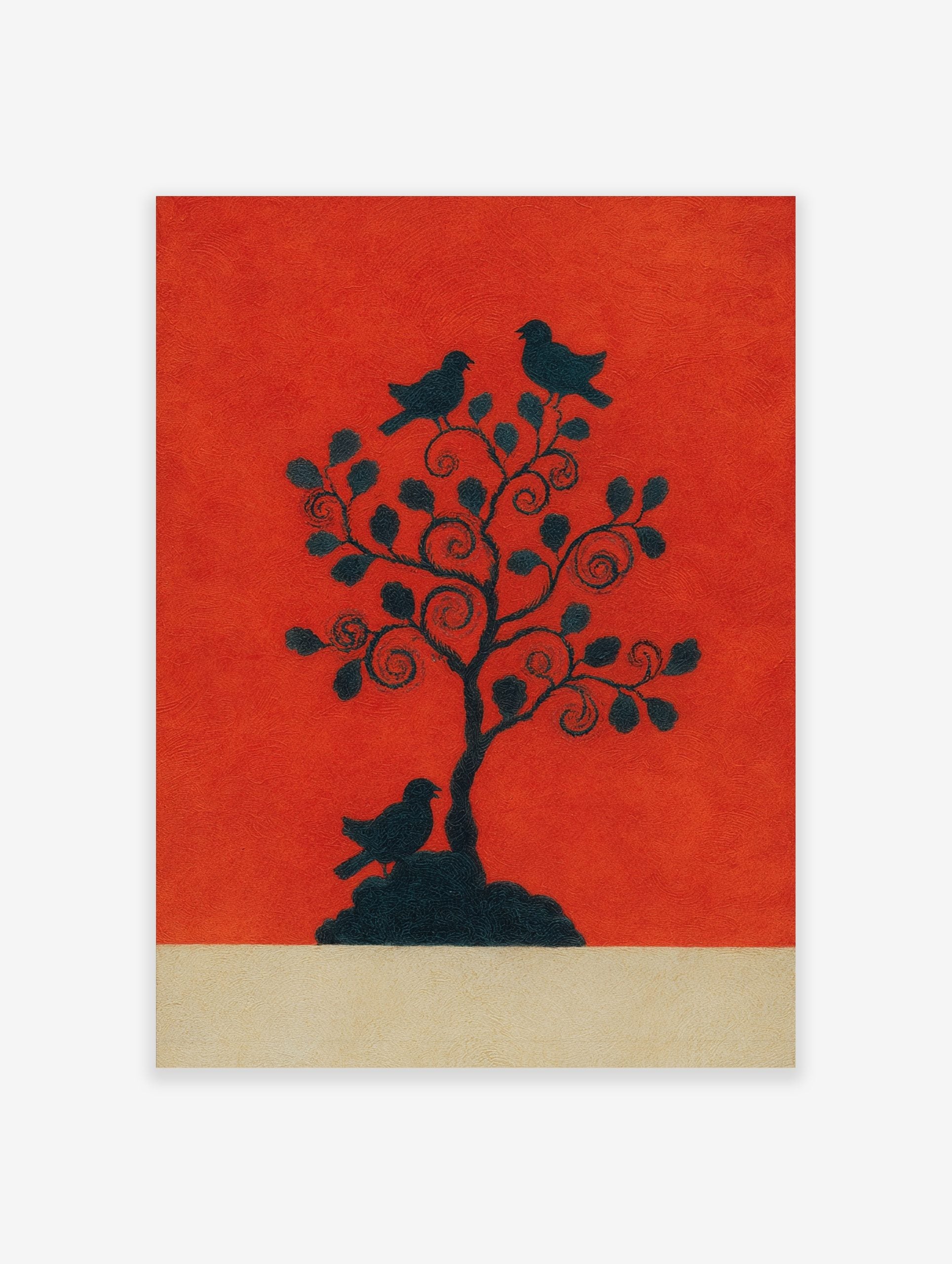 Black silhouette of a tree with three birds on a vibrant reddish-orange background, with a beige base