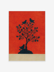 Black silhouette of a tree with three birds on a vibrant reddish-orange background, with a beige base
