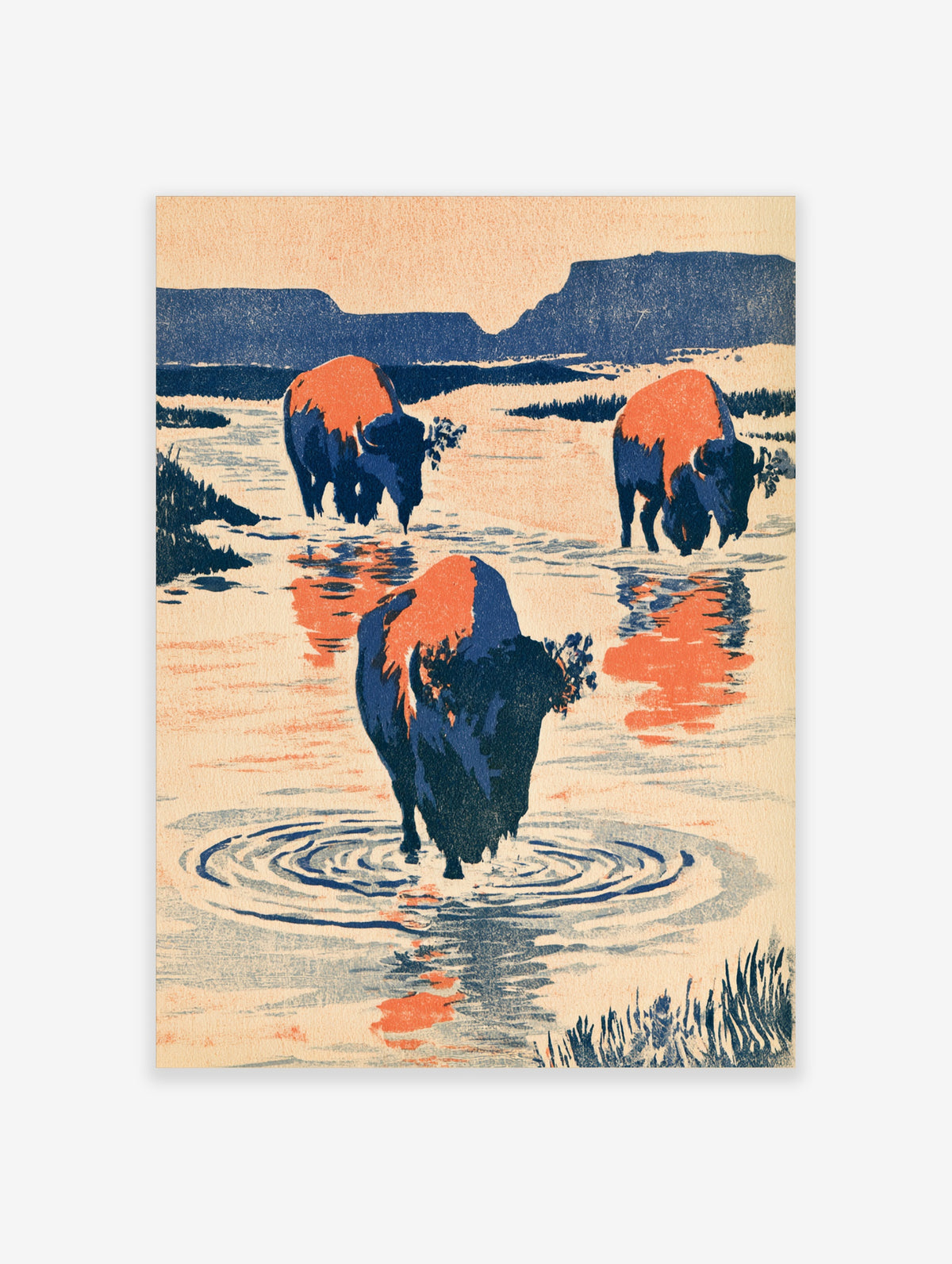 Bison in water poster with three dark blue bison wading through rippled shallows and orange reflections
