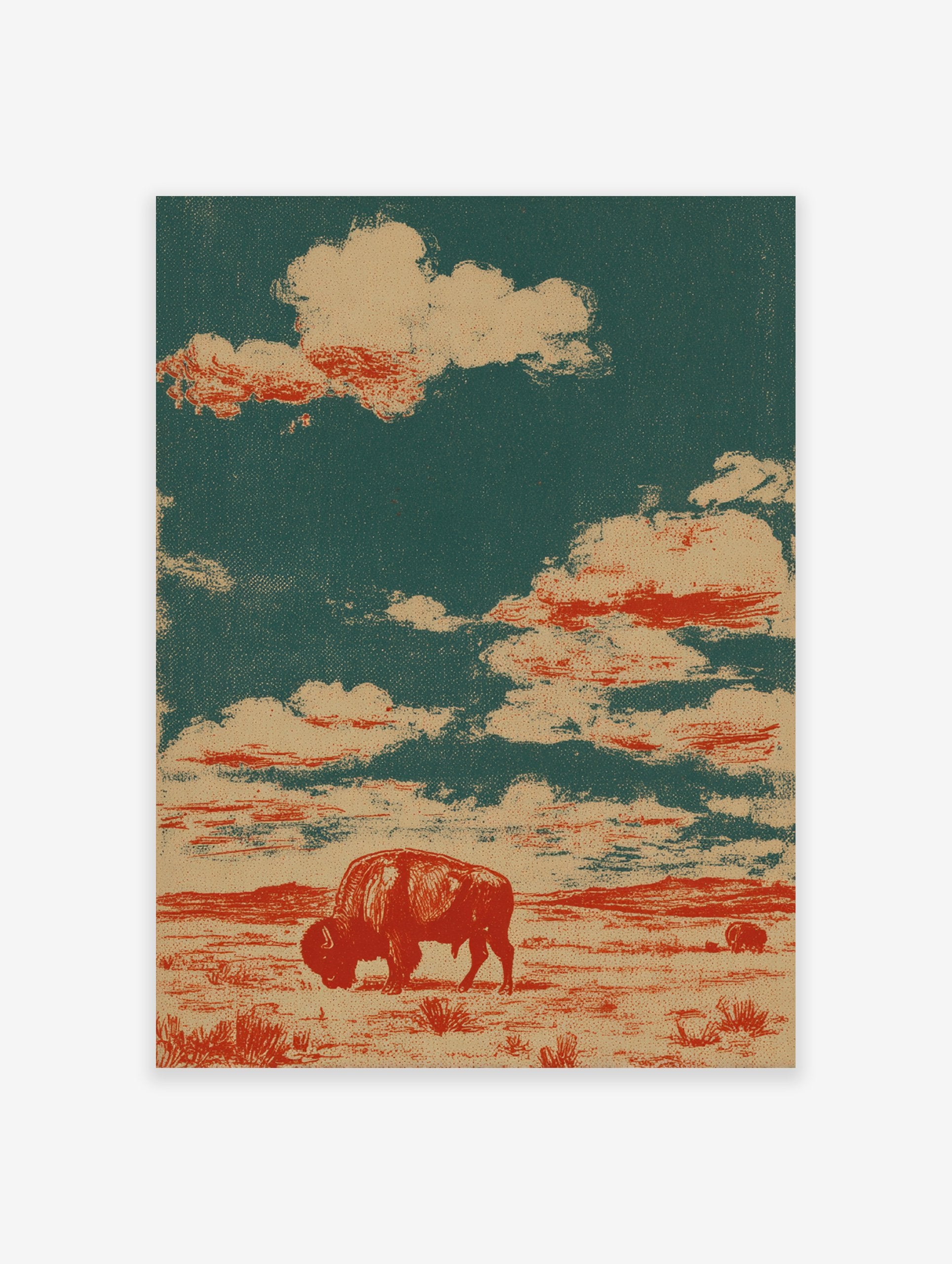 Bison poster featuring a vintage illustration of a red bison grazing in a brown prairie under a green and tan cloudy sky.