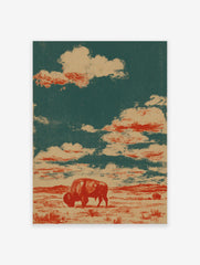 Bison poster featuring a vintage illustration of a red bison grazing in a brown prairie under a green and tan cloudy sky.