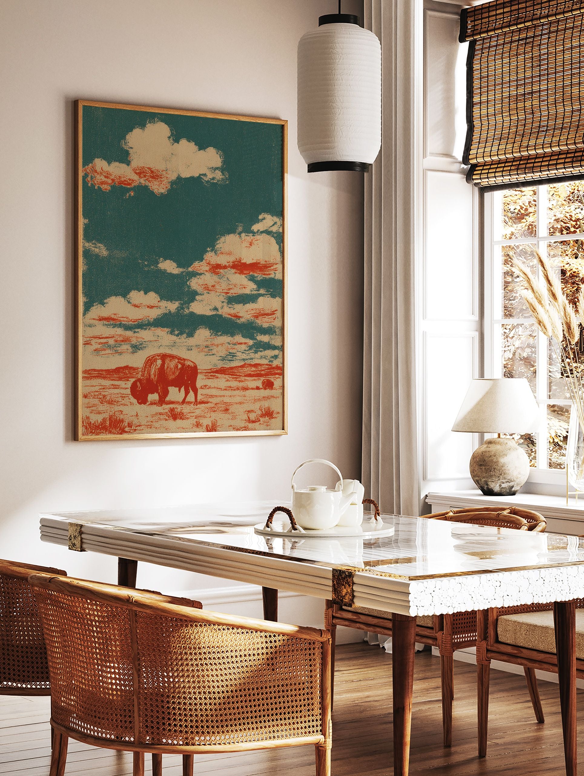 Bison poster featuring a vintage illustration of a red bison grazing in a brown prairie under a green and tan cloudy sky. - Image 2