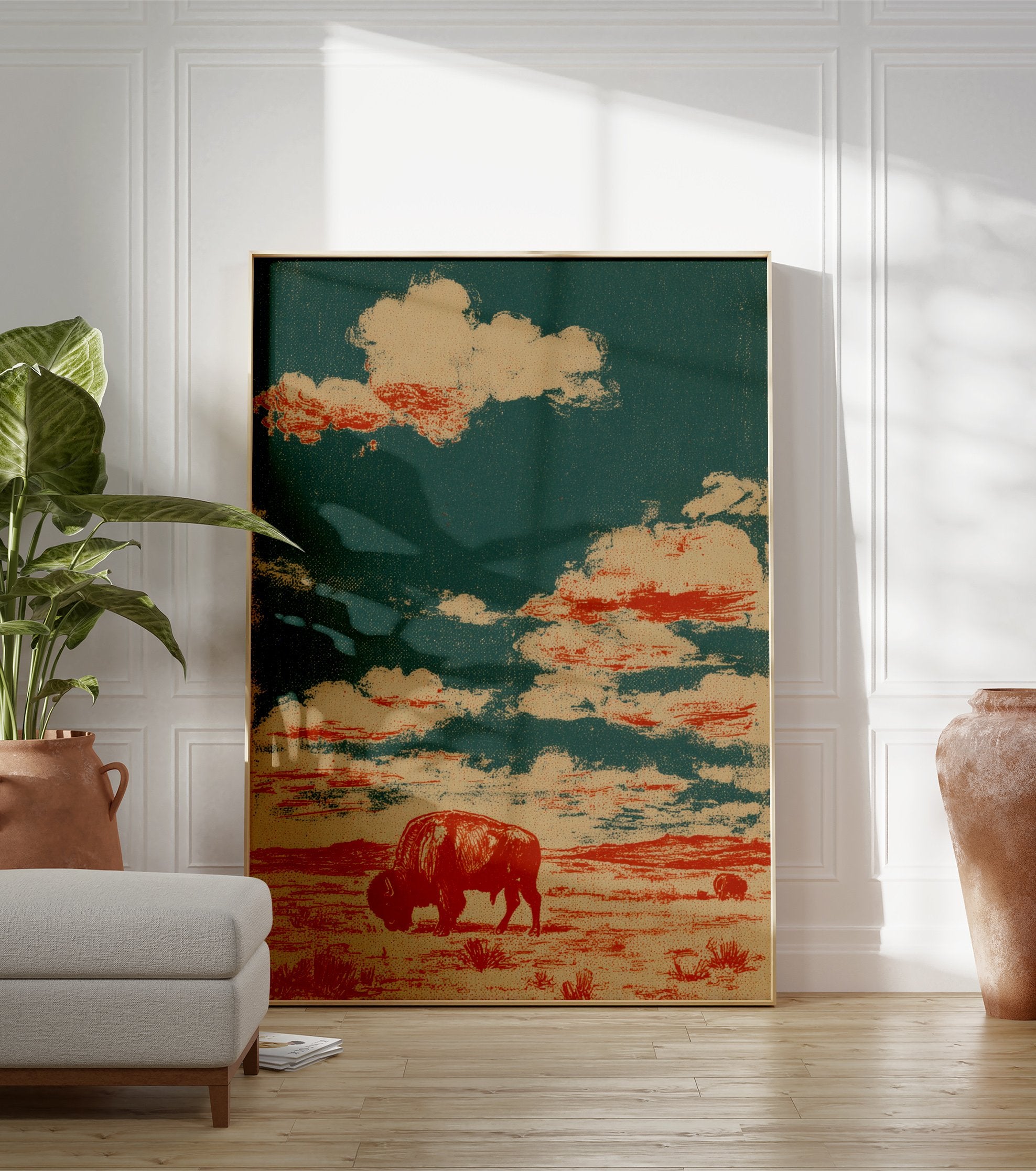 Bison poster featuring a vintage illustration of a red bison grazing in a brown prairie under a green and tan cloudy sky. - Image 3