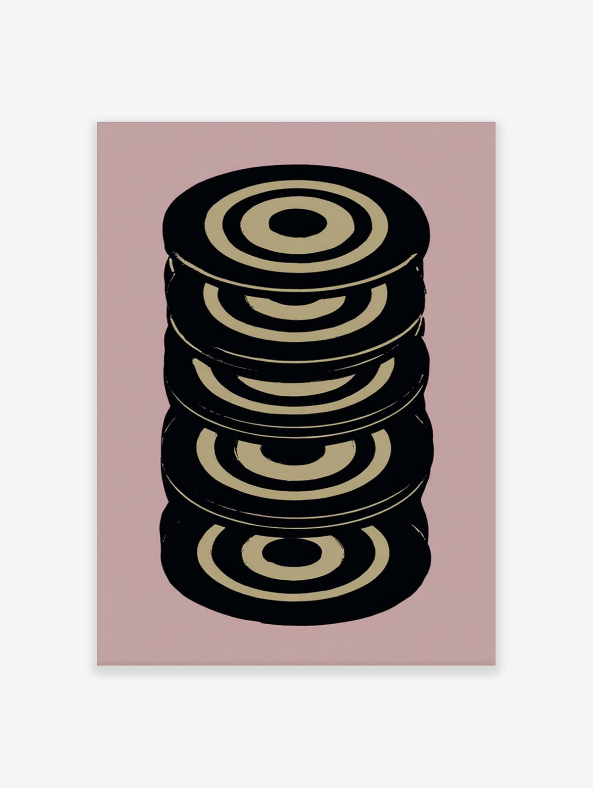 Black and beige abstract circles poster with stacked concentric ring motifs on dusky pink background