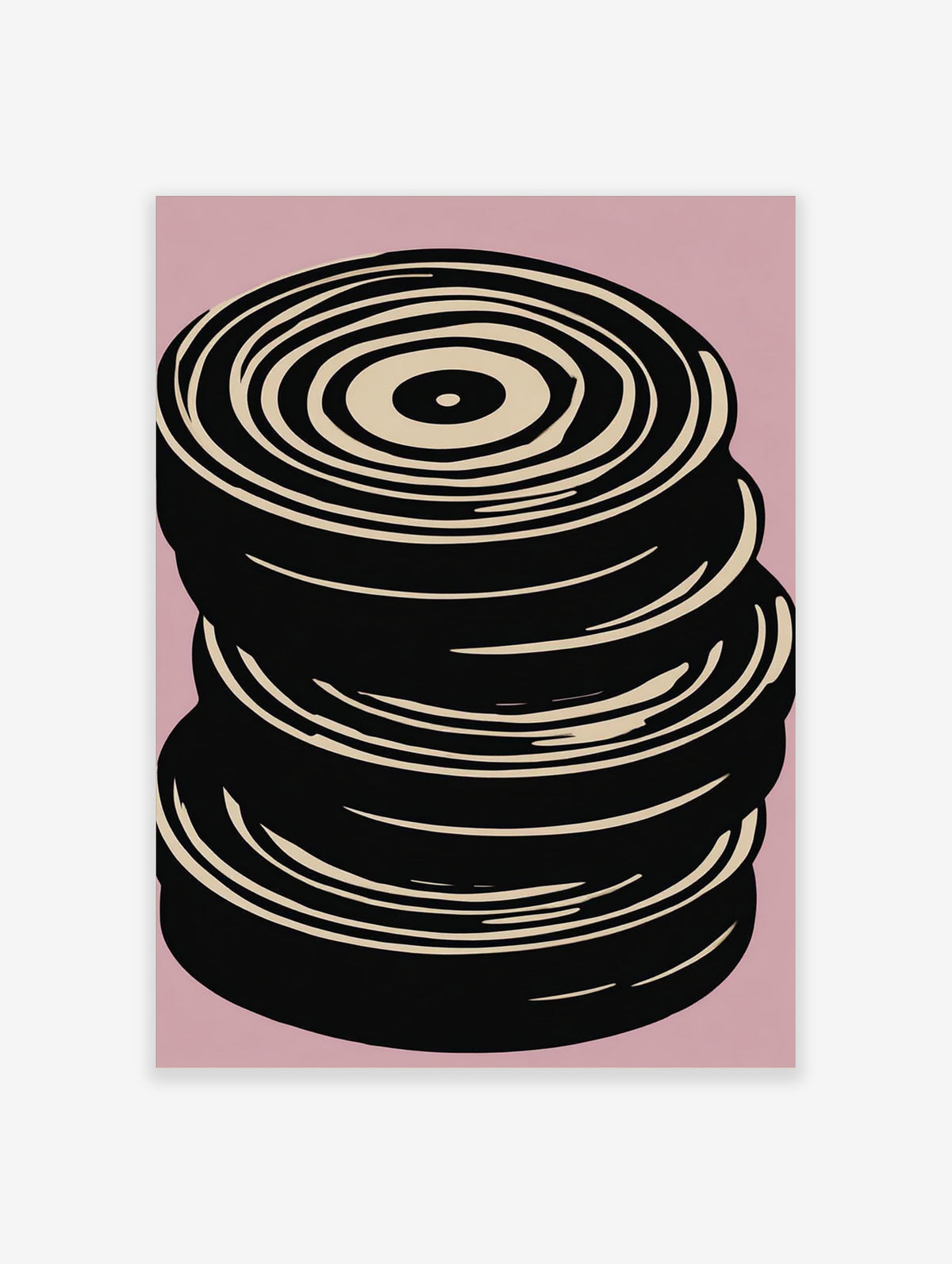 Abstract black and beige concentric circle print on pink background, stacked circular forms, modern wall art