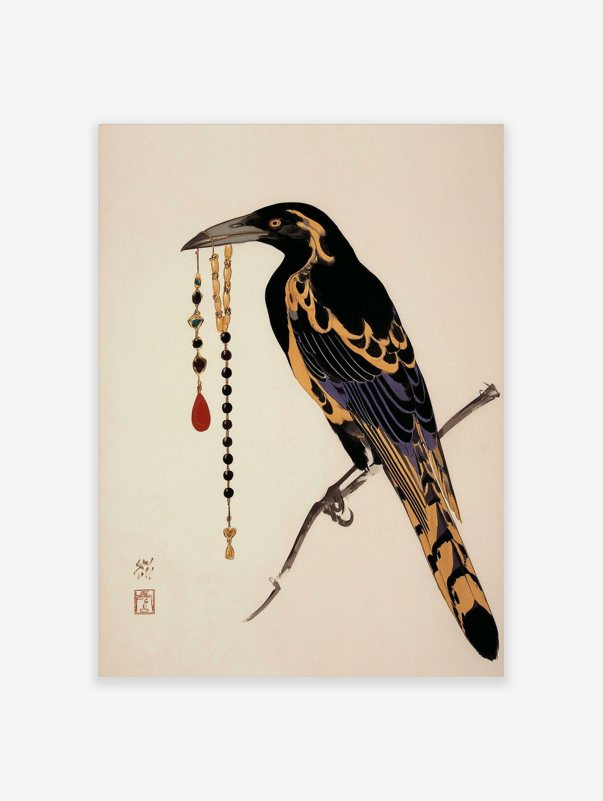 Black and gold magpie perched on a branch holding a beaded pendant, oriental bird art print