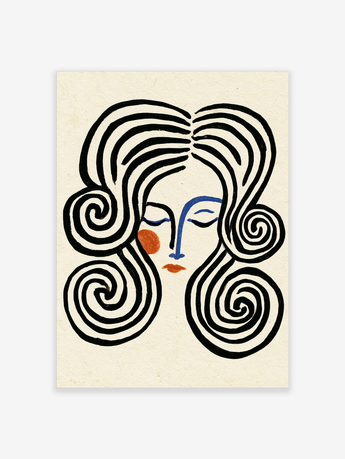 Abstract face line art print with black swirling hair, blue nose, and orange accents on cream background
