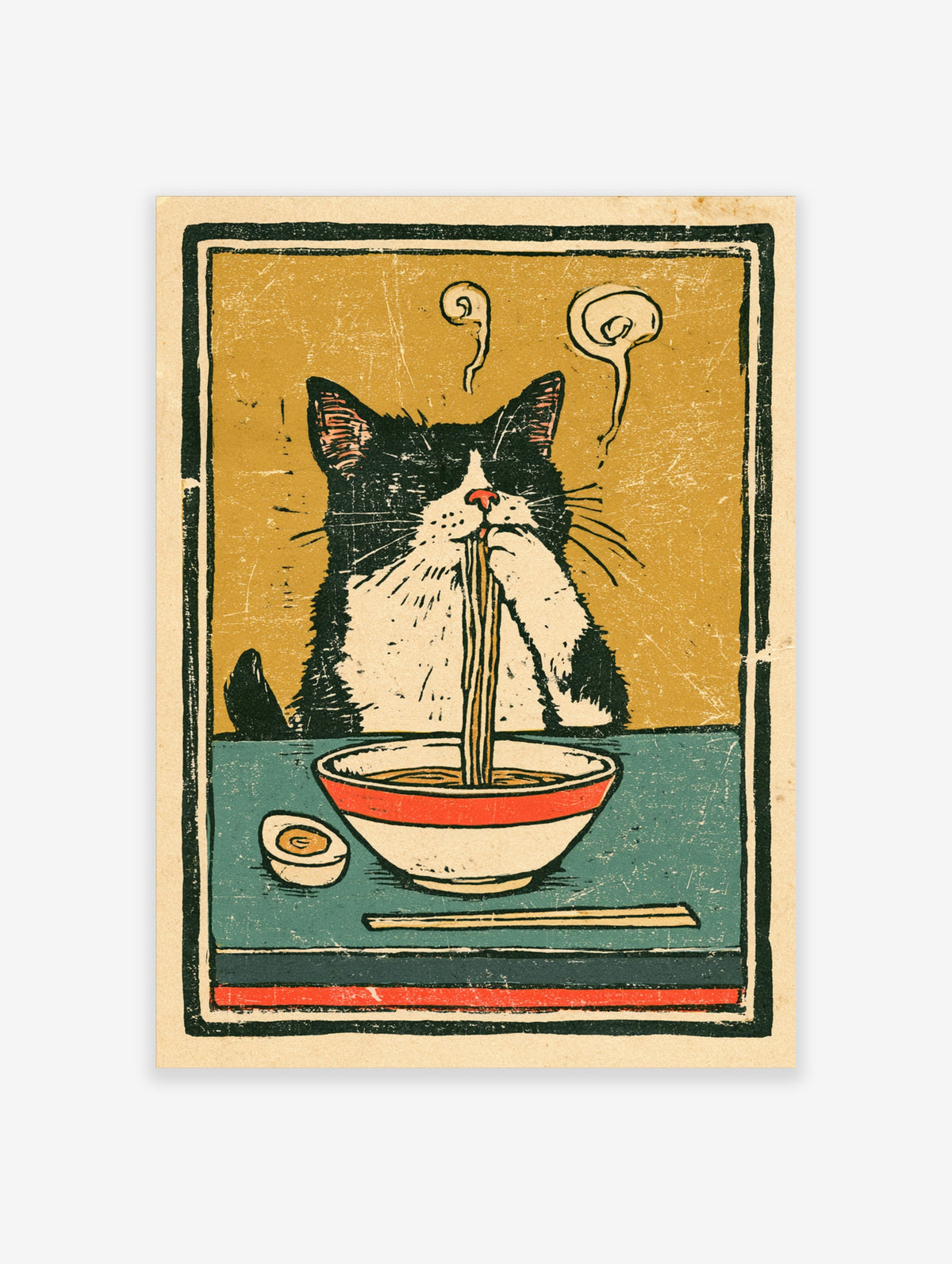 Retro cat poster of a black and white cat eating noodles from a red bowl with chopsticks and steam