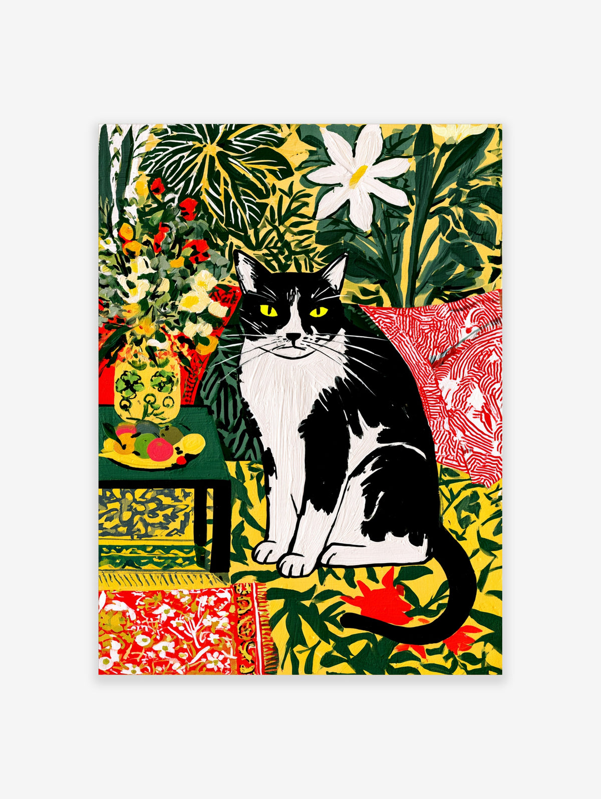 Black and white tuxedo cat sitting among green leaves and red patterned textiles, colourful animal poster