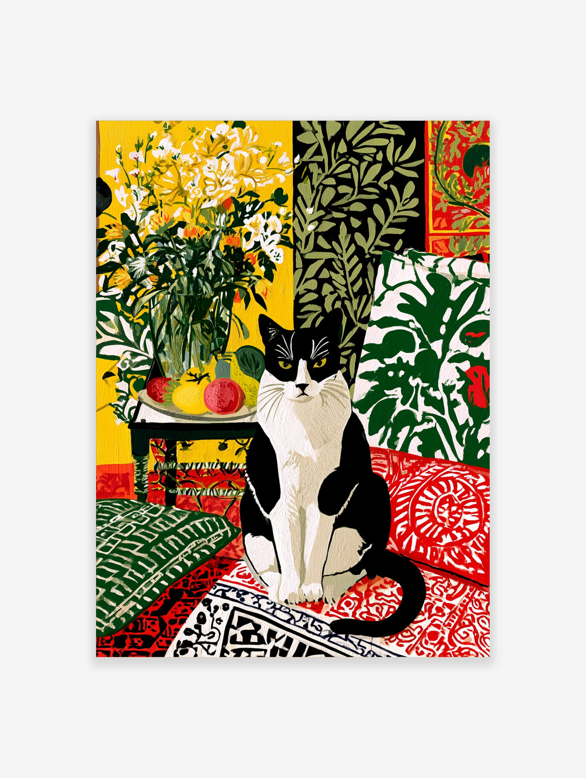 Black and white cat poster with tuxedo cat, yellow flowers and red patterned textiles