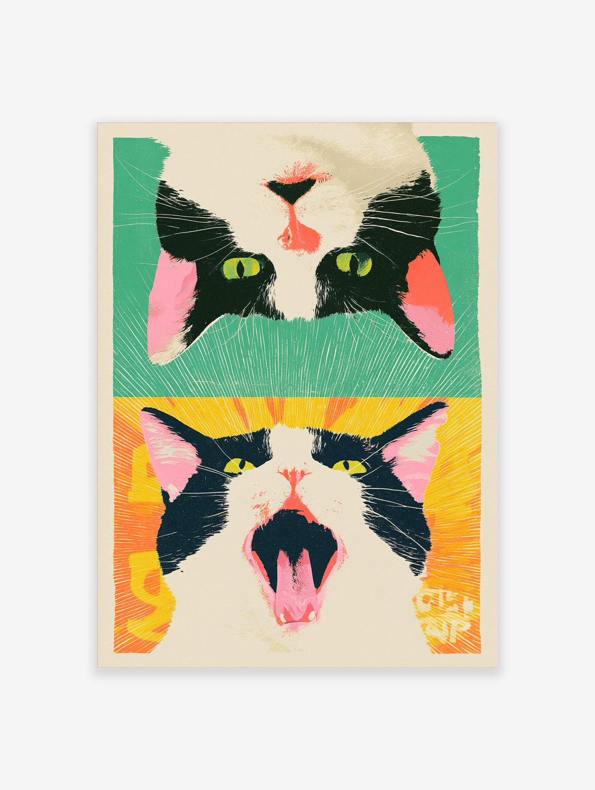 Black and white cat poster with two stacked cat faces, green eyes, pink nose, and a yawning mouth on teal and orange