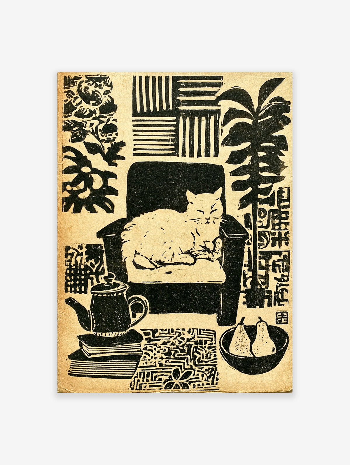 Black and white cat poster with sleeping cat on armchair, teapot, pears and plant in lino print style