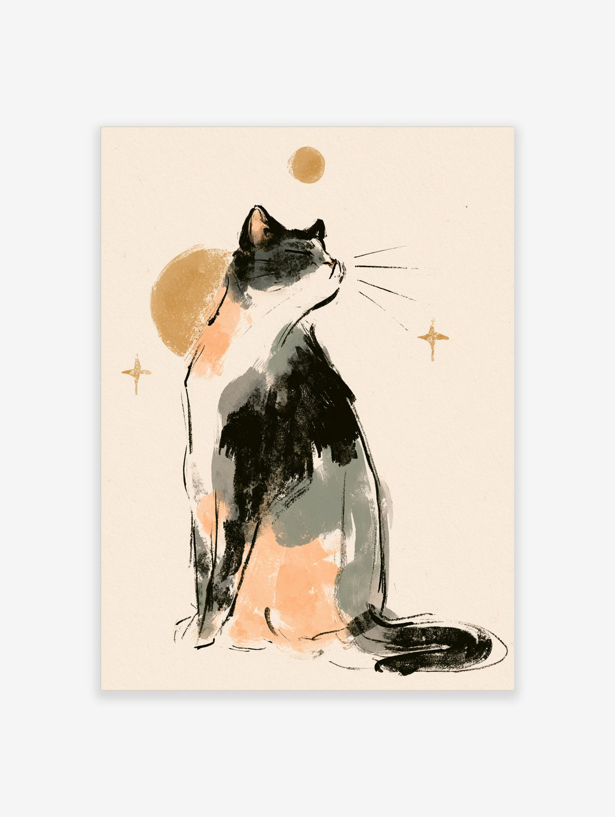 Minimalist black and white cat poster with seated ink brush profile, gold sun and stars on cream