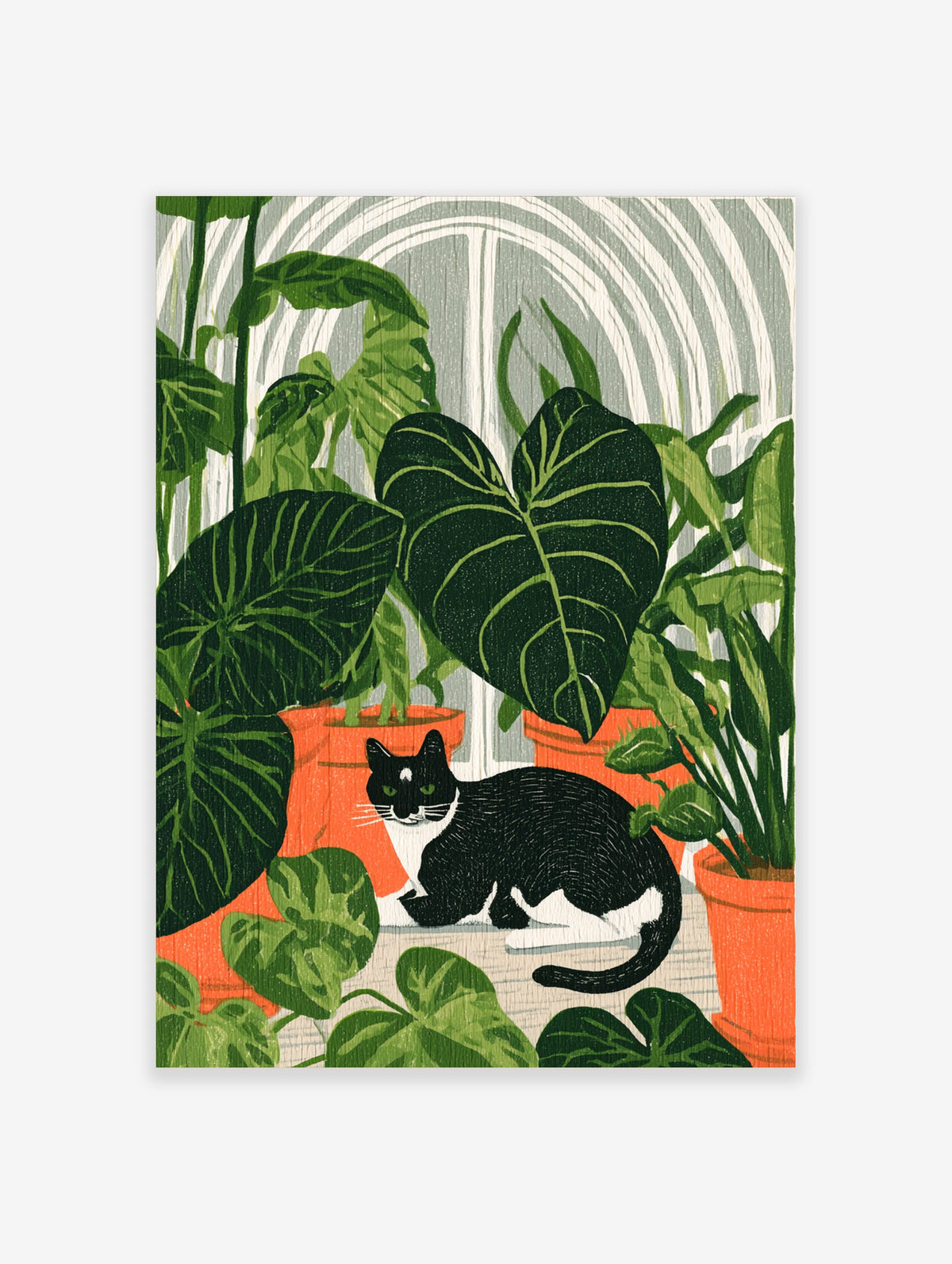 Black and white cat sitting among large green house plants in terracotta pots, botanical illustration art print