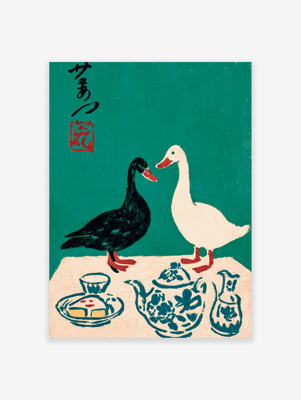Illustrative print of black and white ducks with a blue patterned teapot and Japanese calligraphy on green background