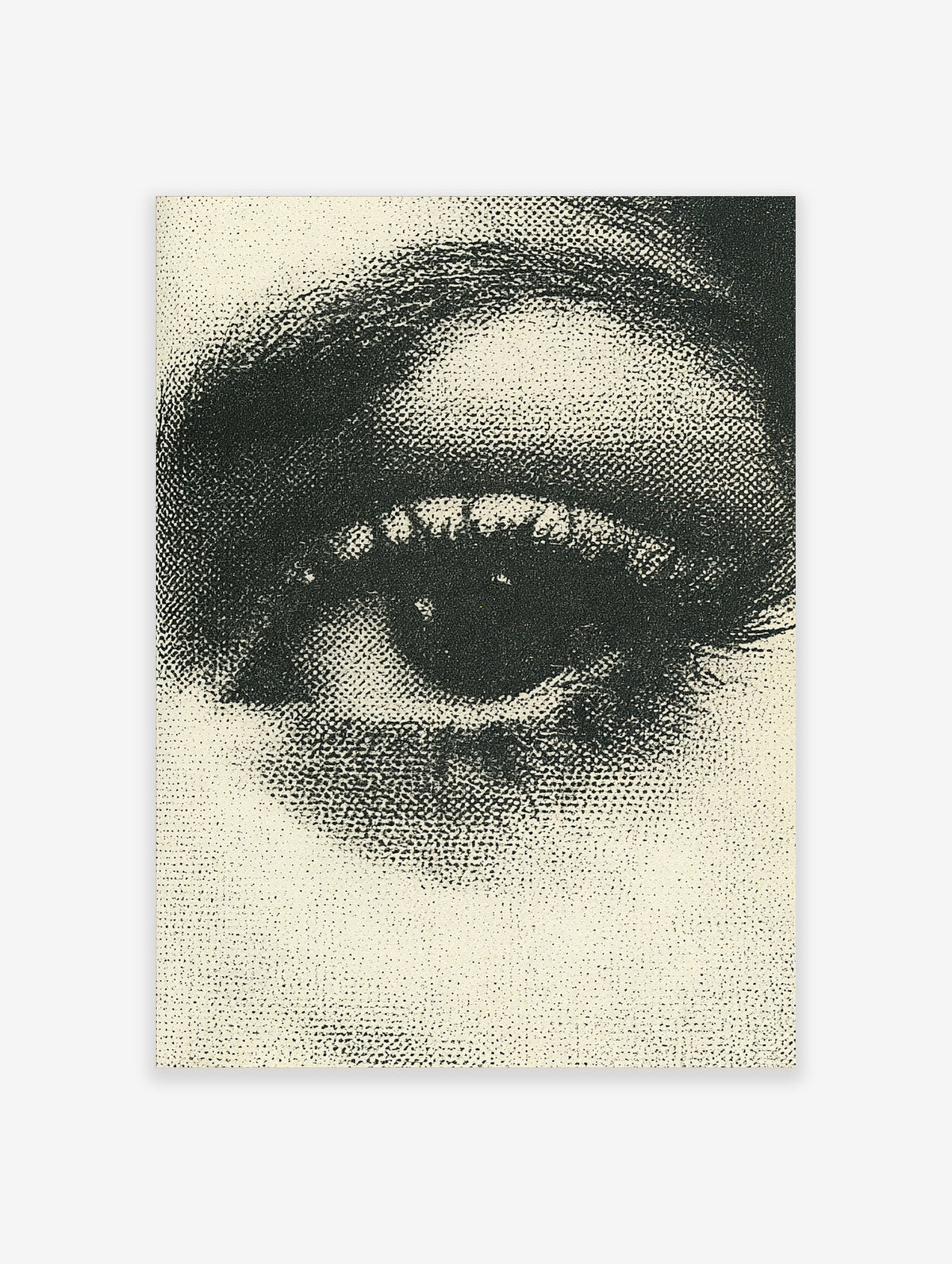 Black and white halftone eye poster showing a close-up iris, pupil, and lashes