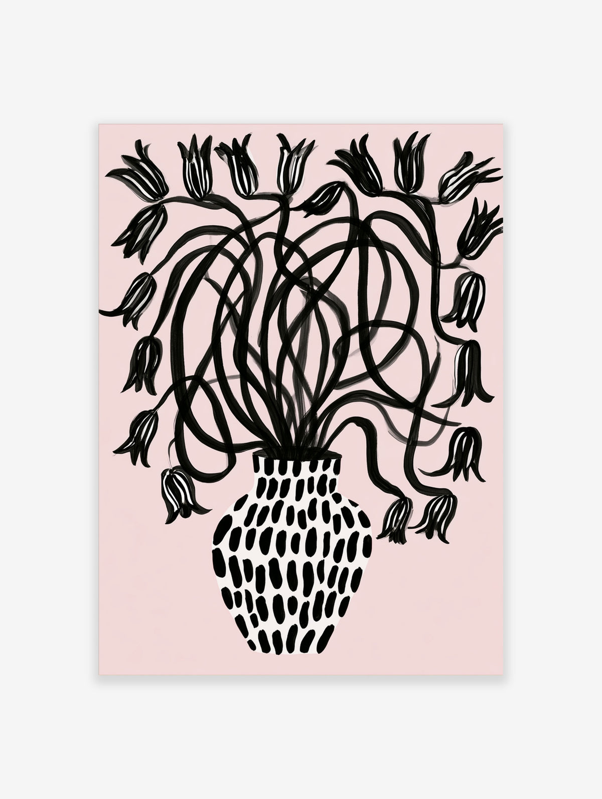 Black line art flowers in a spotted vase on pale pink background, botanical poster