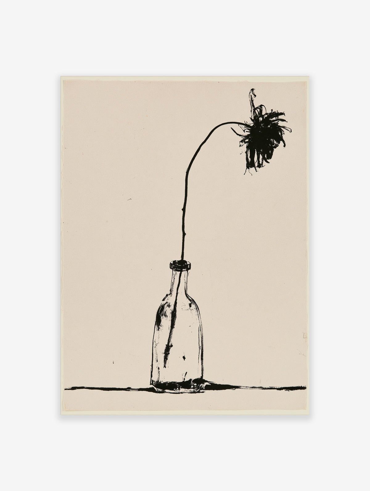 Black and white flower poster with drooping stem in a glass bottle, minimalist botanical print on beige background