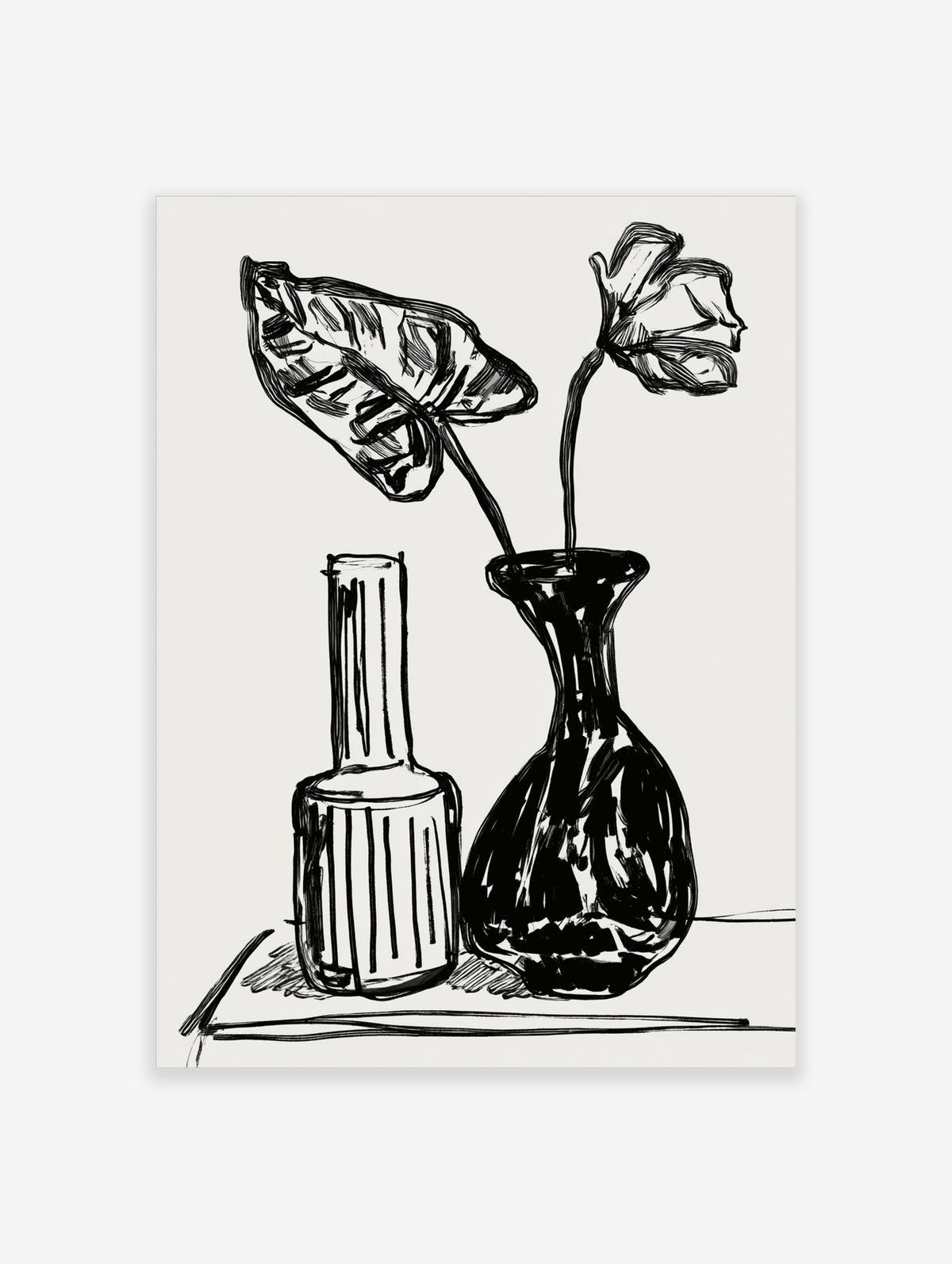Black and white still life drawing of two vases and a single flower on a pale background