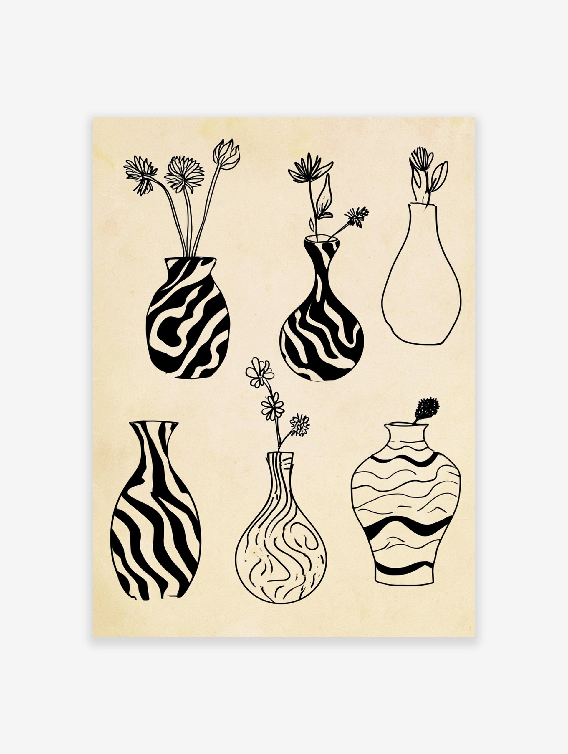 Black and white line art print featuring six illustrative vases with botanical elements on a textured cream background