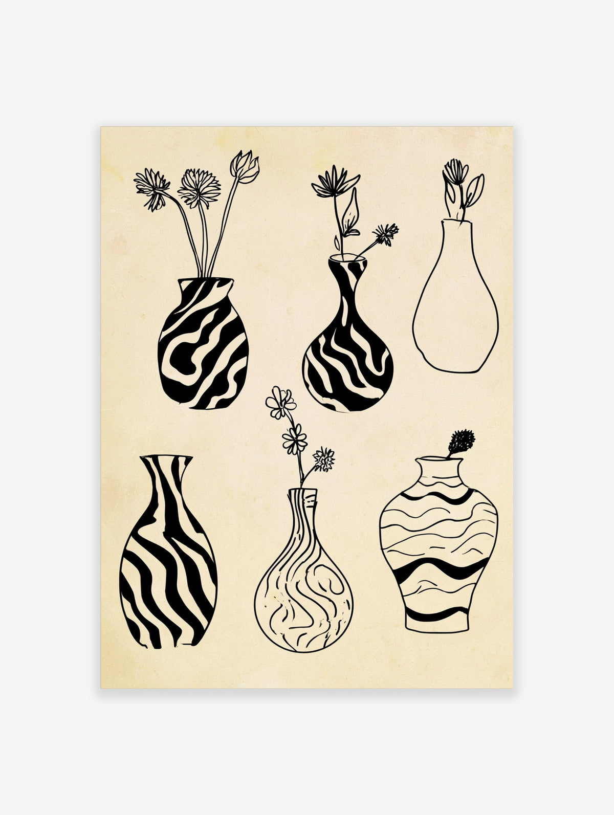 Black and white line art print featuring six illustrative vases with botanical elements on a textured cream background