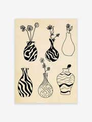 Black and white line art print featuring six illustrative vases with botanical elements on a textured cream background