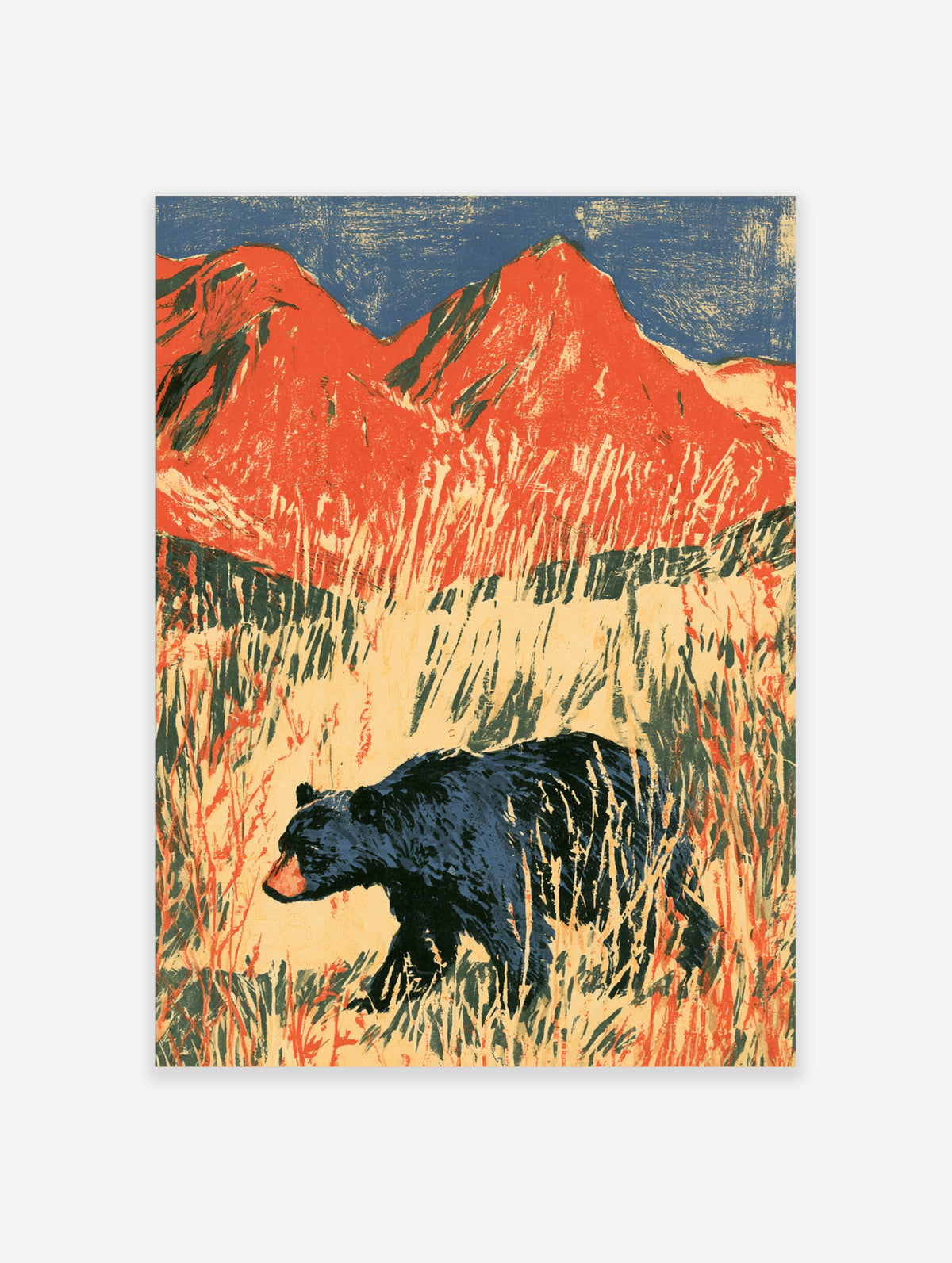 Black bear walking through tall meadow grasses with red mountains and blue sky, painterly art print
