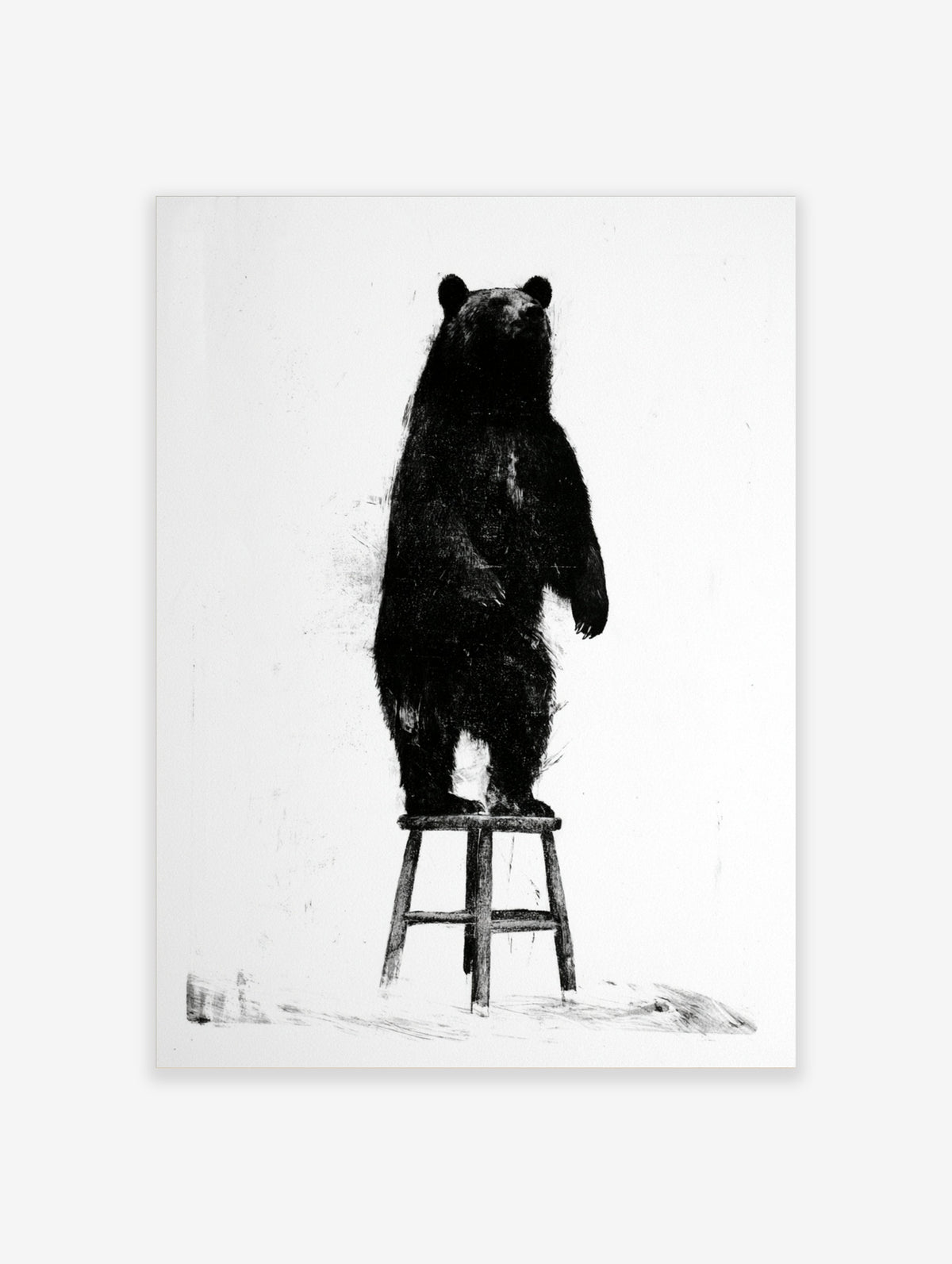 Black bear illustration standing on a wooden stool, monochrome art print on white background