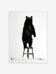 Black bear illustration standing on a wooden stool, monochrome art print on white background