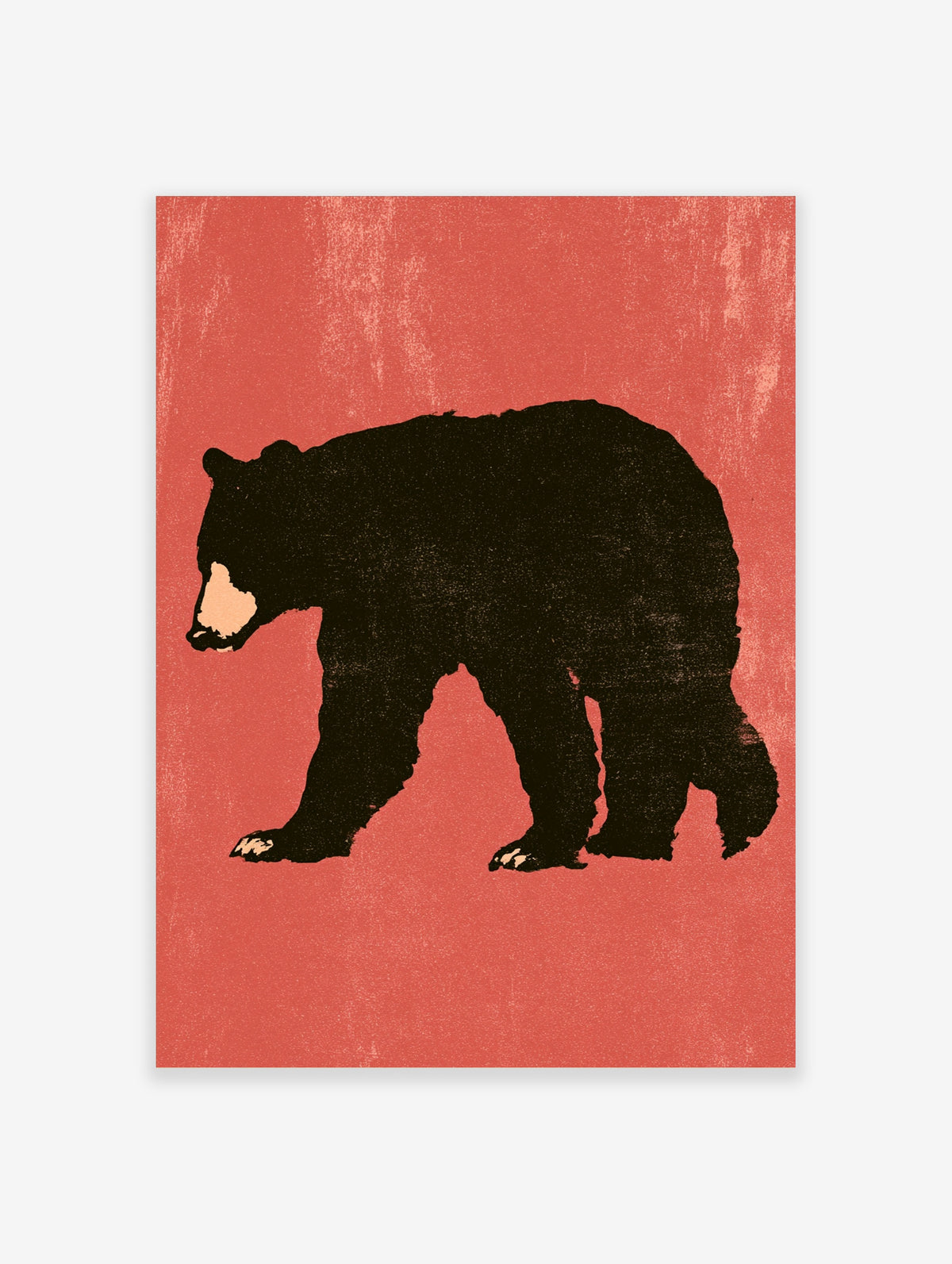 Minimalist black bear walking on a coral-red textured background art print