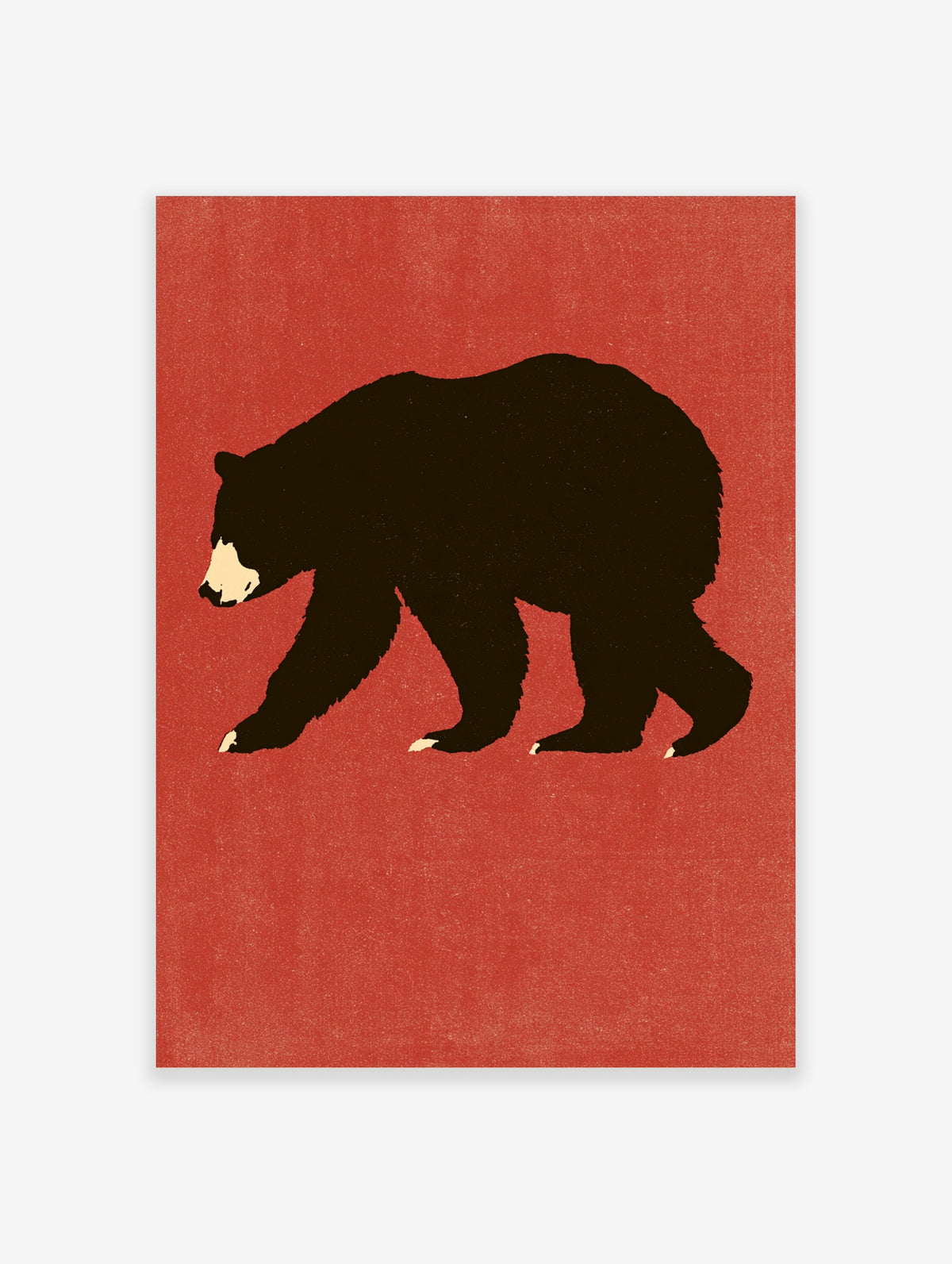 Black bear silhouette walking on textured red background, minimalist animal poster