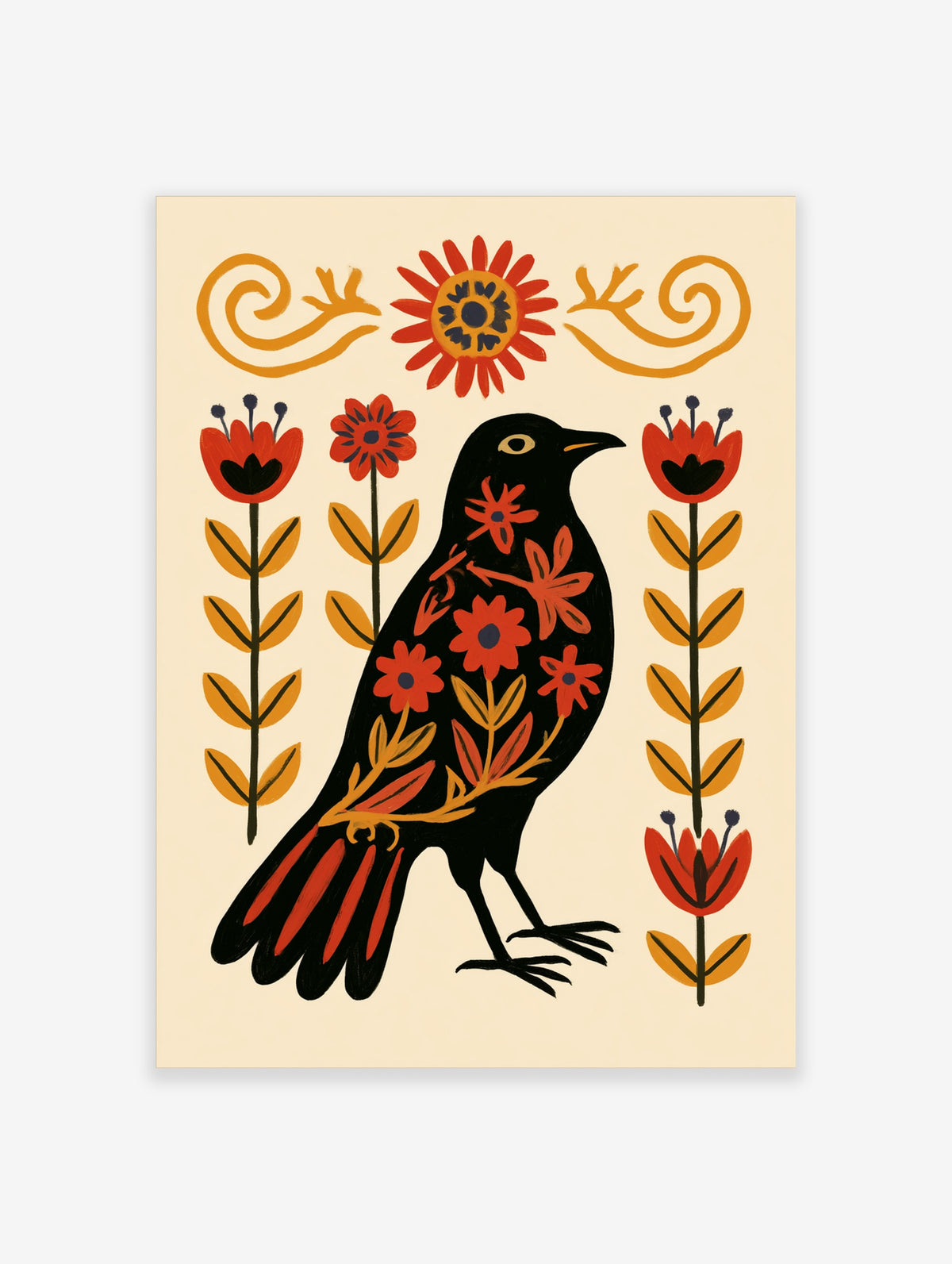 Black bird folk art print with red flowers and golden leaves on cream background