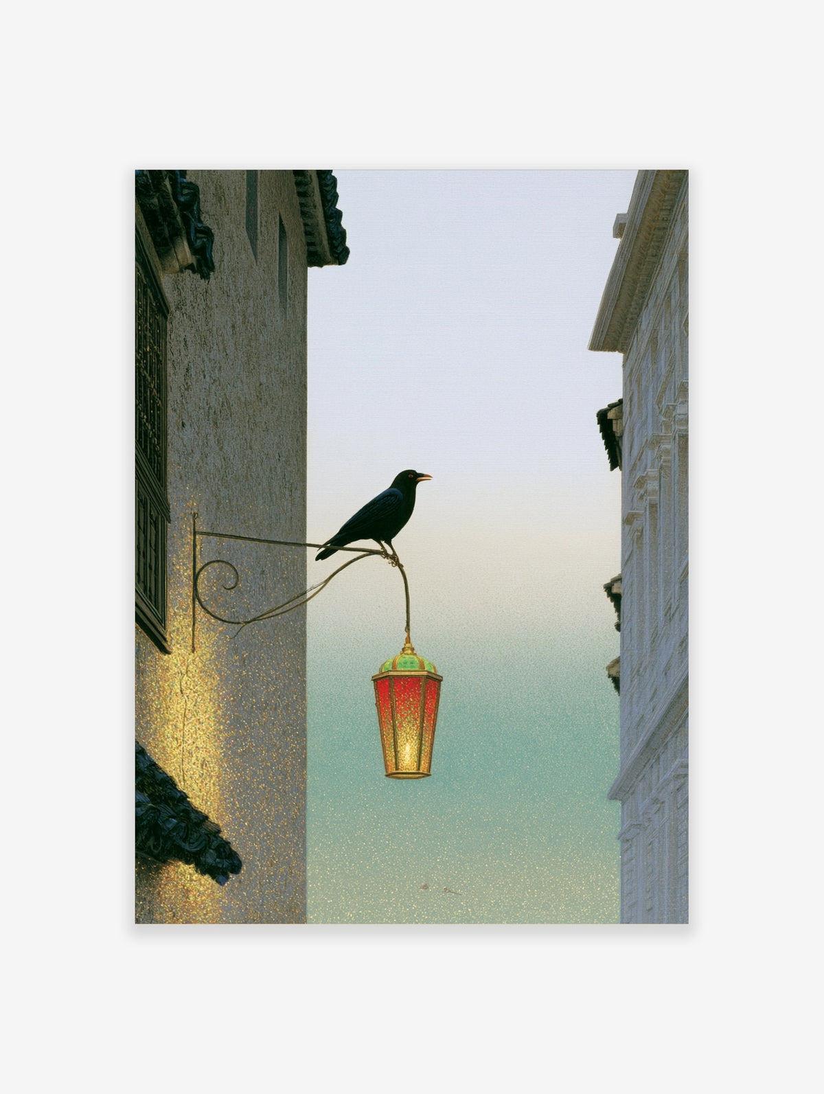 Black bird perched on a metal bracket holding a red and green lantern between two textured buildings