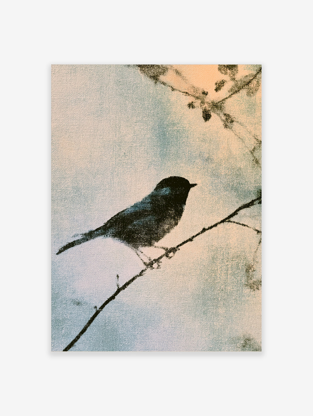 Minimalist black bird on branch art print with blue and peach background