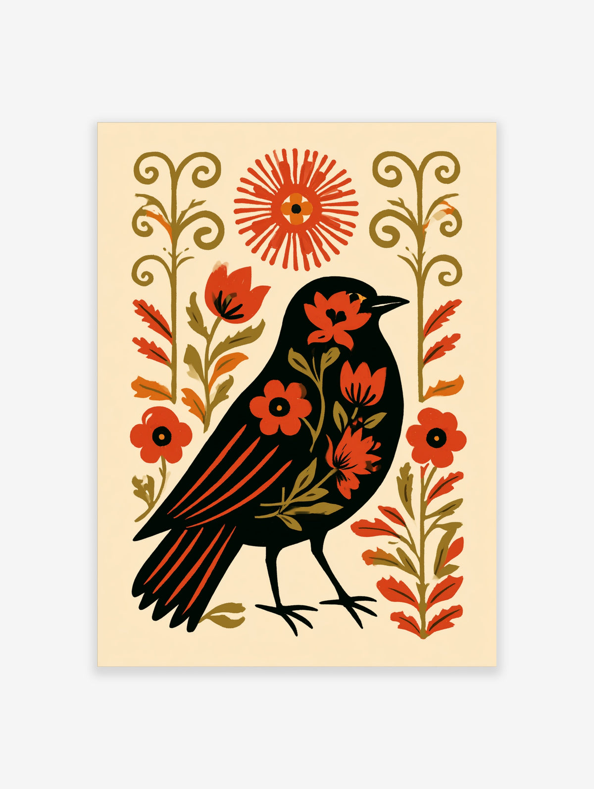 Black bird folk art print with red flowers and olive scrollwork on cream background