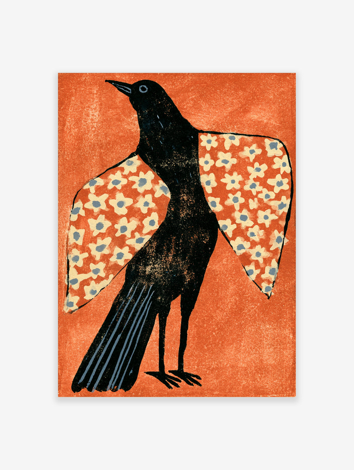 Black bird art print with floral patterned wings on orange background