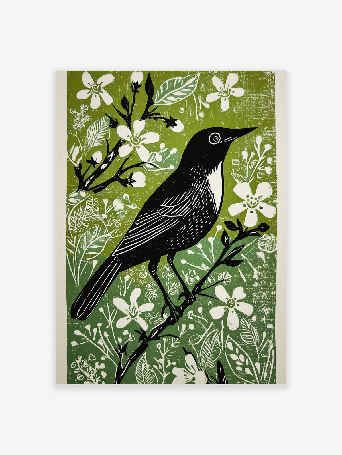 Black bird with white chest on a branch, surrounded by white flowers and green leaves, in a linocut style