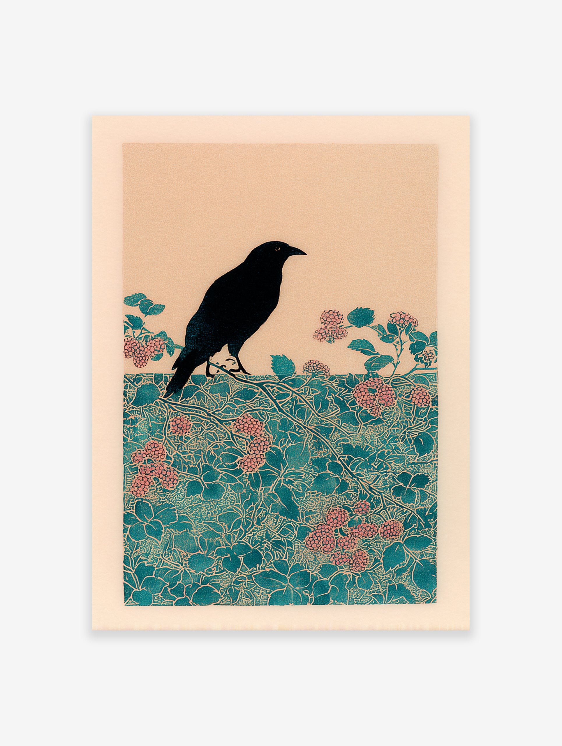 Japanese-style art print of a black bird on teal botanical branches with pink berries against a light background.