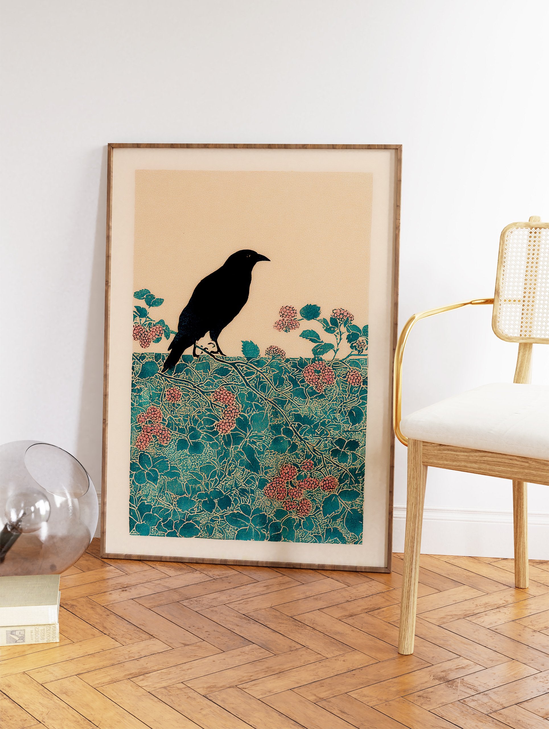 Japanese-style art print of a black bird on teal botanical branches with pink berries against a light background. - Image 2