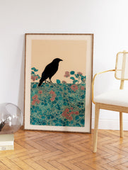 Japanese-style art print of a black bird on teal botanical branches with pink berries against a light background. - Image 2
