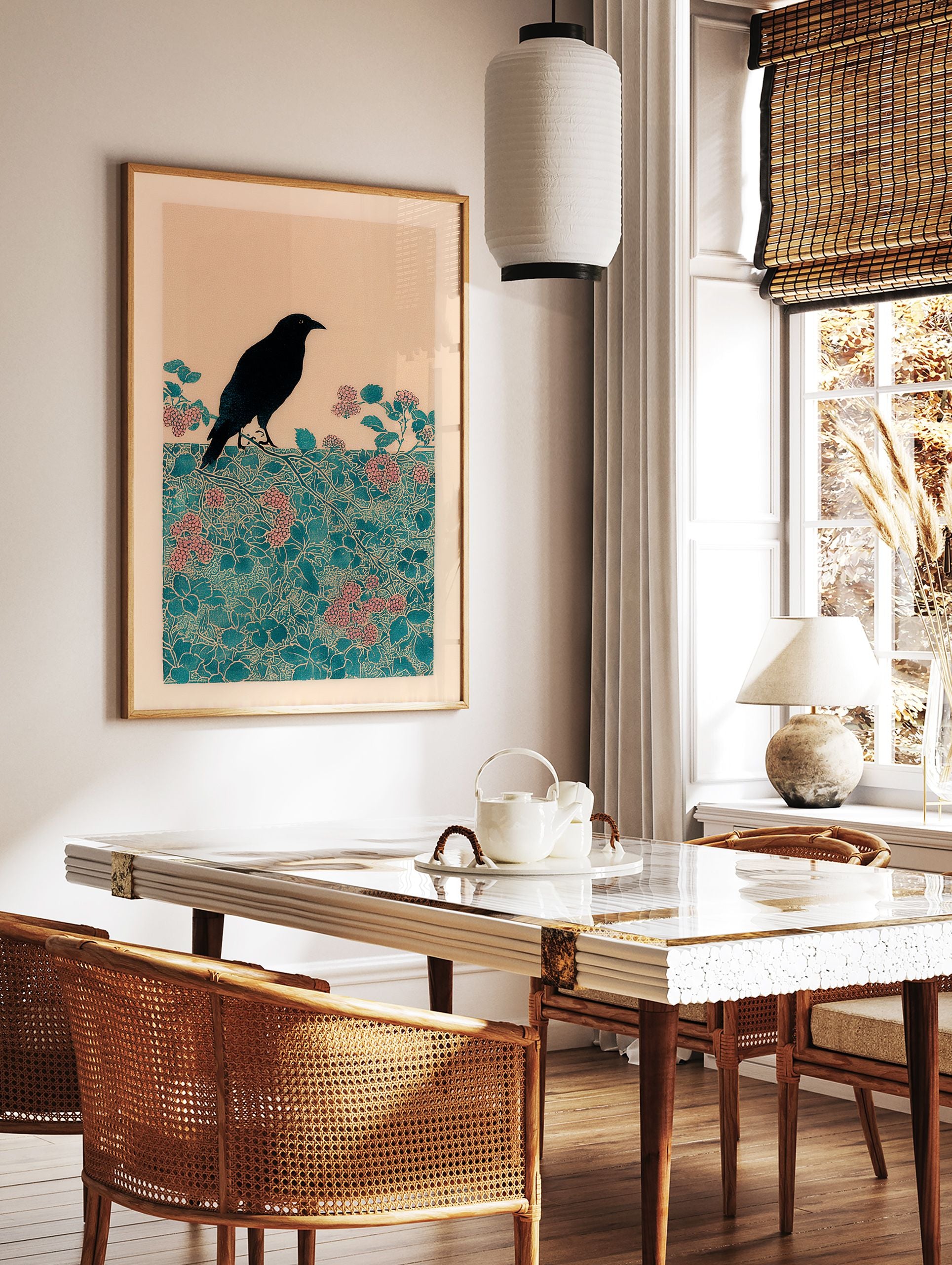 Japanese-style art print of a black bird on teal botanical branches with pink berries against a light background. - Image 3