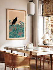 Japanese-style art print of a black bird on teal botanical branches with pink berries against a light background. - Image 3
