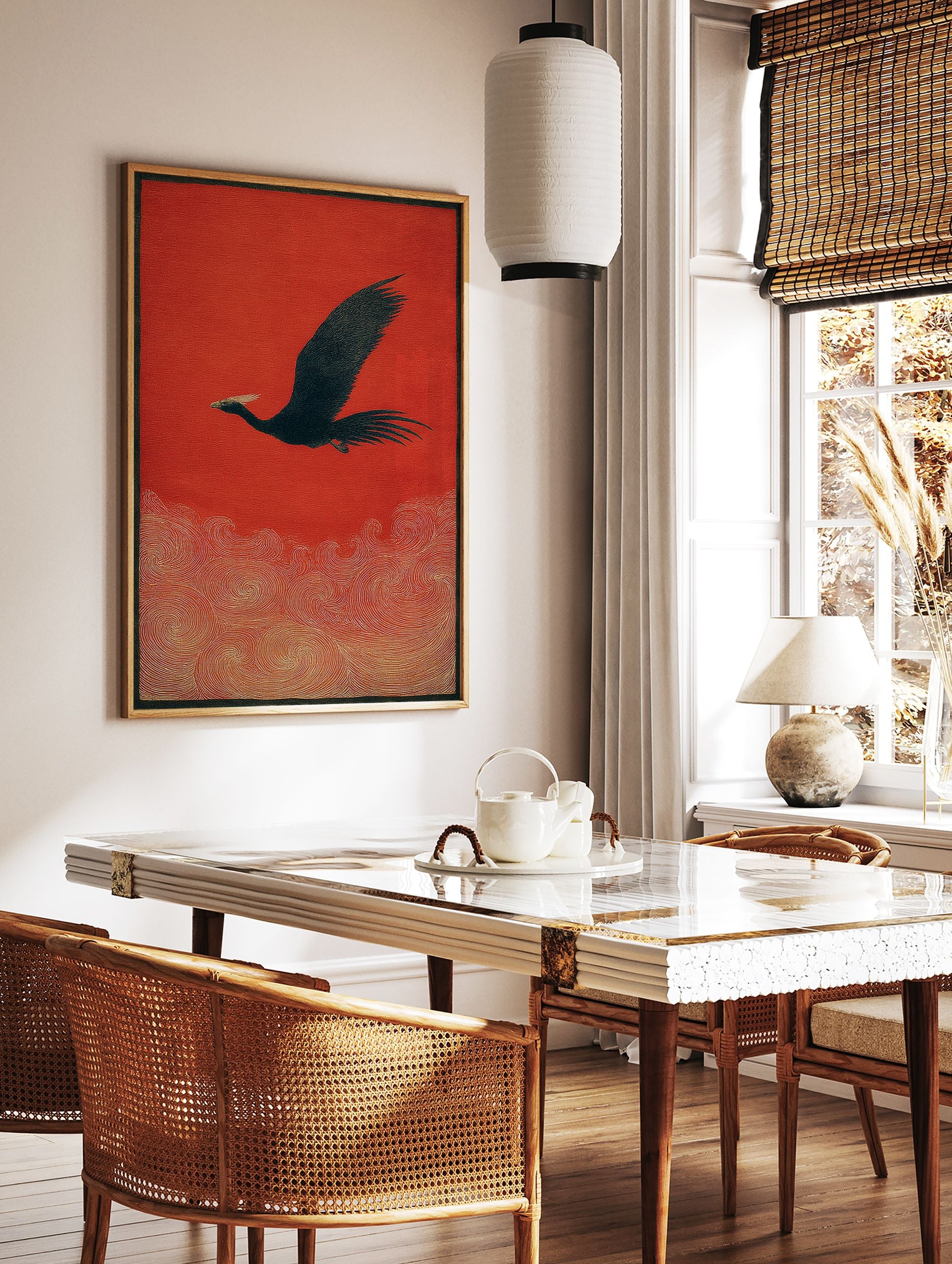 Black bird with white crest flying over golden swirling waves on a vibrant red background, Japanese style wall art print. - Image 3