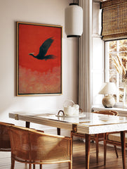 Black bird with white crest flying over golden swirling waves on a vibrant red background, Japanese style wall art print. - Image 3