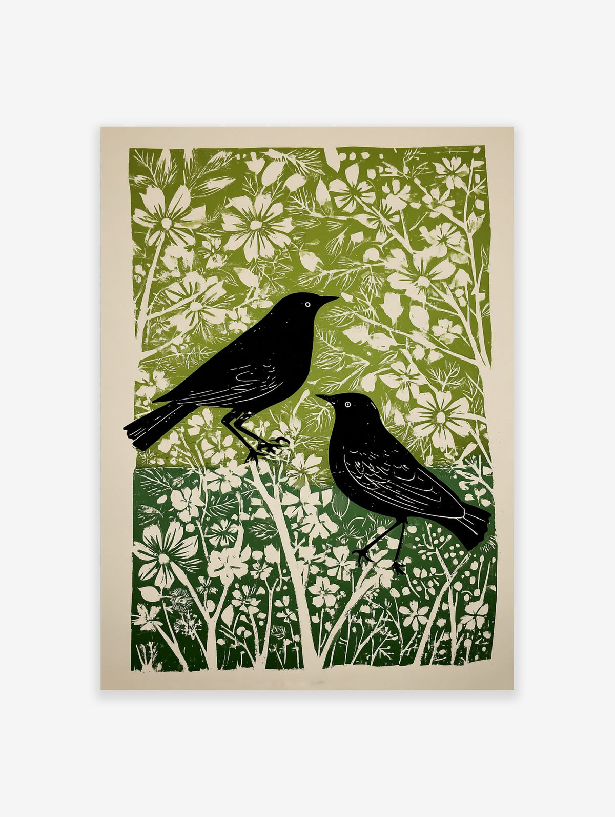 Linocut style print of two black birds amidst green and white flowers and foliage