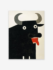 A black bull poster with large grey horns, white eyes, and a red mouth with sharp teeth and tongue against a white background.