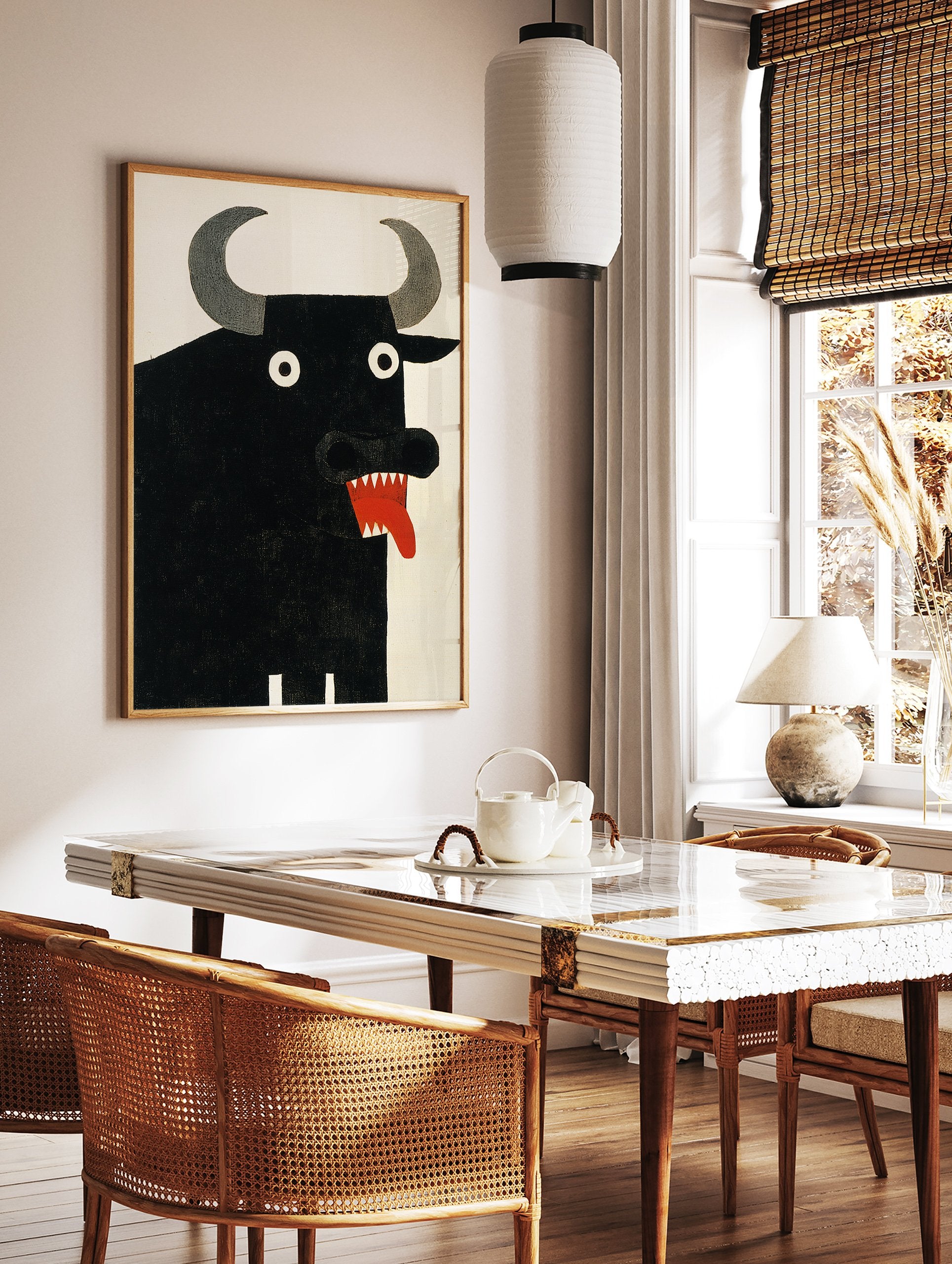 A black bull poster with large grey horns, white eyes, and a red mouth with sharp teeth and tongue against a white background. - Image 2
